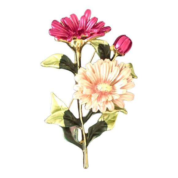 Vintage Intricate Floral Pink Green And Gold Brooch - Picture 4 of 6